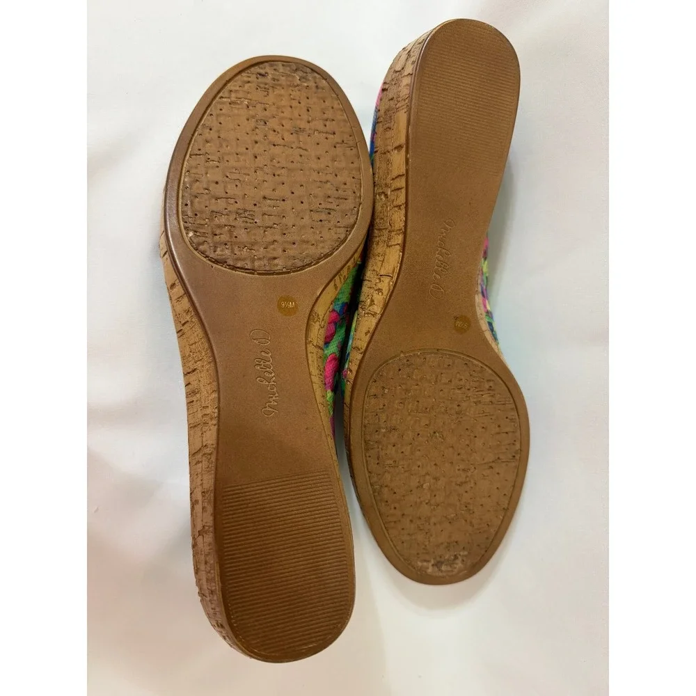 Michelle D Ellena Floral Peep Toe Wedge Shoes Multi Color Cork Heel 9.5 M
